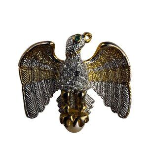 Gold & Silver Tone Crystal Bird Brooch Pin With Faux Pearl Accent Vintage